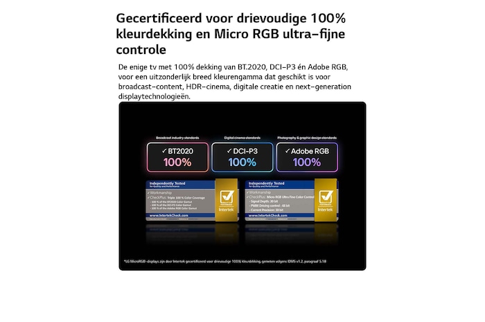 LG Micro RGB evo AI MRGB96, met Micro RGB ultra-fijne kleurregeling, levert 100% kleurdekking van BT2020, DCI-P3 en Adobe RGB, gecertificeerd door Intertek.
